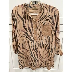 Marisima Made in Italy Animal Print Sequin Pocket Henley Blouse One Size